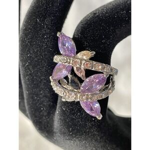Silver Tone Purple Crystals Teardrop And Rhinestones‎ Ring Size 6